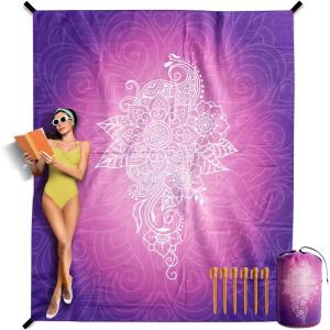 imageVENTURE 4TH FamilySize Beach Blanket Sandproof Waterproof Lightweight ampamp Compact Includes Stakes and Carry Bag 7x8 feet XL Purple MandalaPurple Mandala