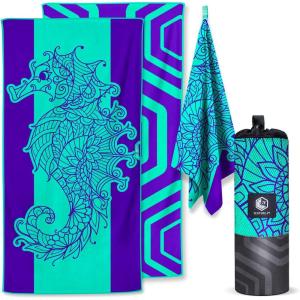 imageVENTURE 4TH Microfiber Beach Towel QuickDry Compact SandFree Absorbent Sandproof and Lightweight  Perfect for Camping Beach and Roadtrips Blue Lagoon Design  35x78 inchesMandala Seahorse