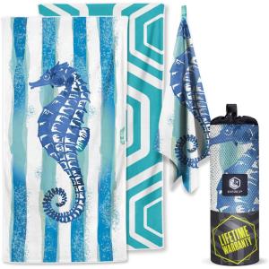 imageVENTURE 4TH Microfiber Beach Towel QuickDry Compact SandFree Absorbent Sandproof and Lightweight  Perfect for Camping Beach and Roadtrips Blue Lagoon Design  35x78 inchesStriped Seahorse