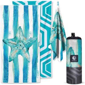 imageVENTURE 4TH Microfiber Beach Towel QuickDry Compact SandFree Absorbent Sandproof and Lightweight  Perfect for Camping Beach and Roadtrips Blue Lagoon Design  35x78 inchesStriped Starfish